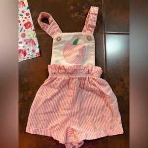 Vintage Pink Striped Baby Romper with Apple Appliqué